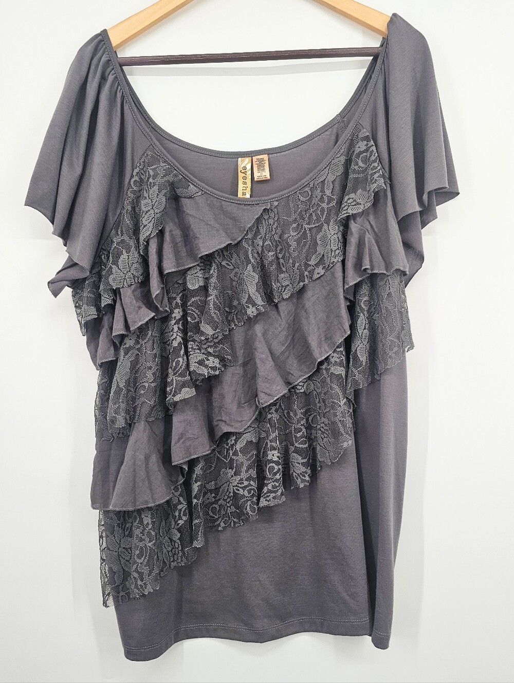 Eyeshadow Plus Size Gray Lace Ruffle Blouse Boho Romantic Fairy Grunge 2X